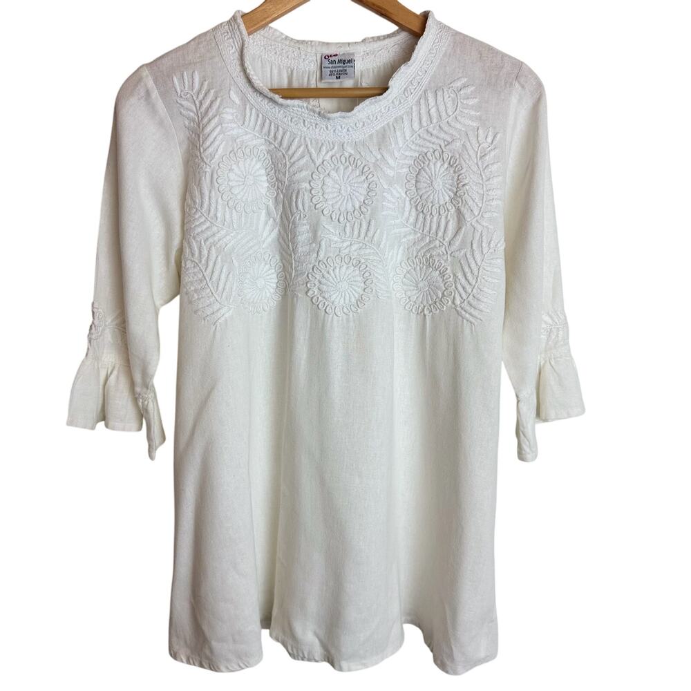 Ole San Miguel White Embroidered Linen Rayon Peasant Top Tunic Boho Size M